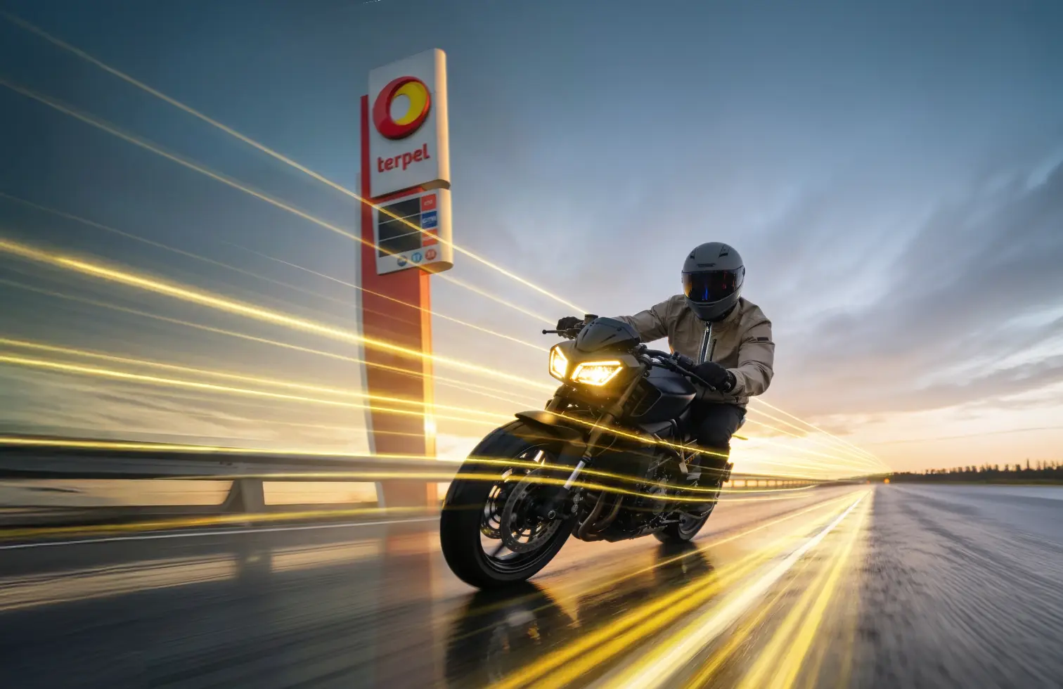 hombre en motocicleta pasando por estación terpel